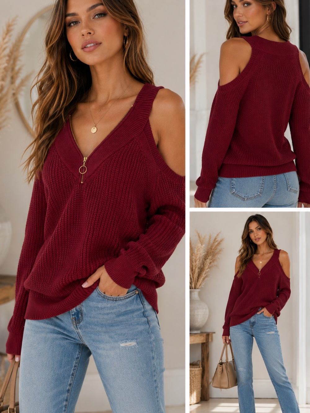 Burgundy Cold-Shoulder V-Neck Sweater, G By Guess Amina Zip Up Tunic Sweater